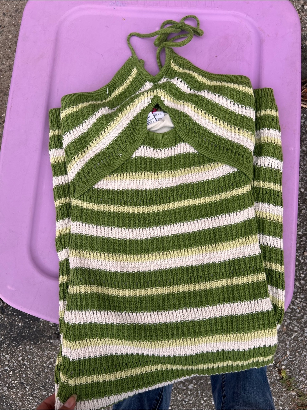 Sincerely Jules Green and Cream Striped Off-the-Shoulder Halter Sweater
